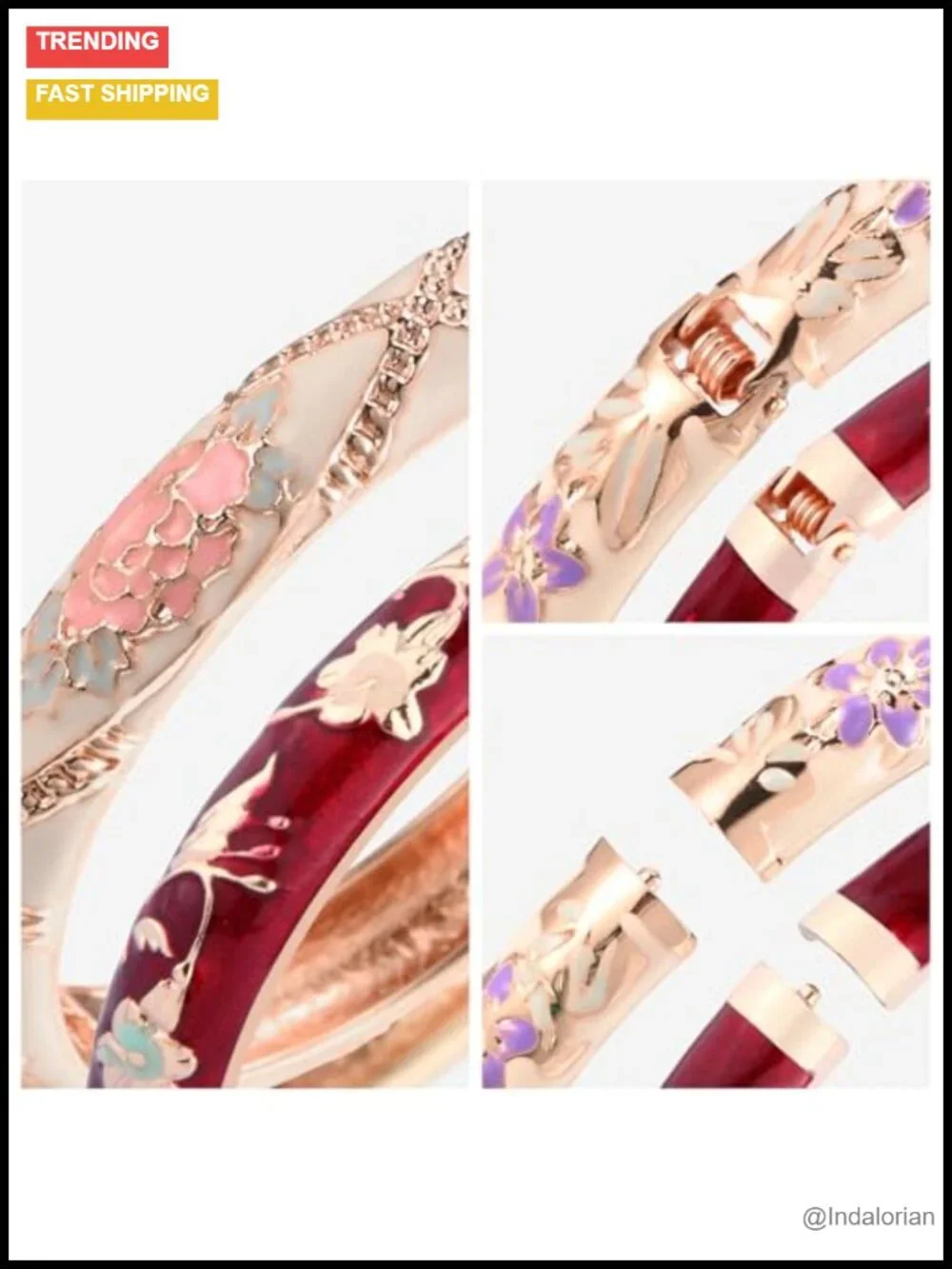 Cloisonne Enamel Flower Bangle Cuff Bracelet Set - Gold Plated